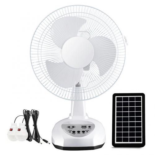 12'' Inch Rechargeable Solar Table Fan + Panel+ 2 Bulbs