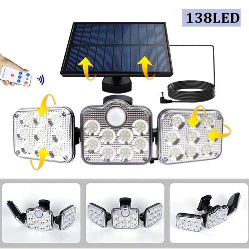 Mythco 138LED Outdoor Solar Lights With Motion Sensor, 3 Adjustable Heads, 270° Wide Angle