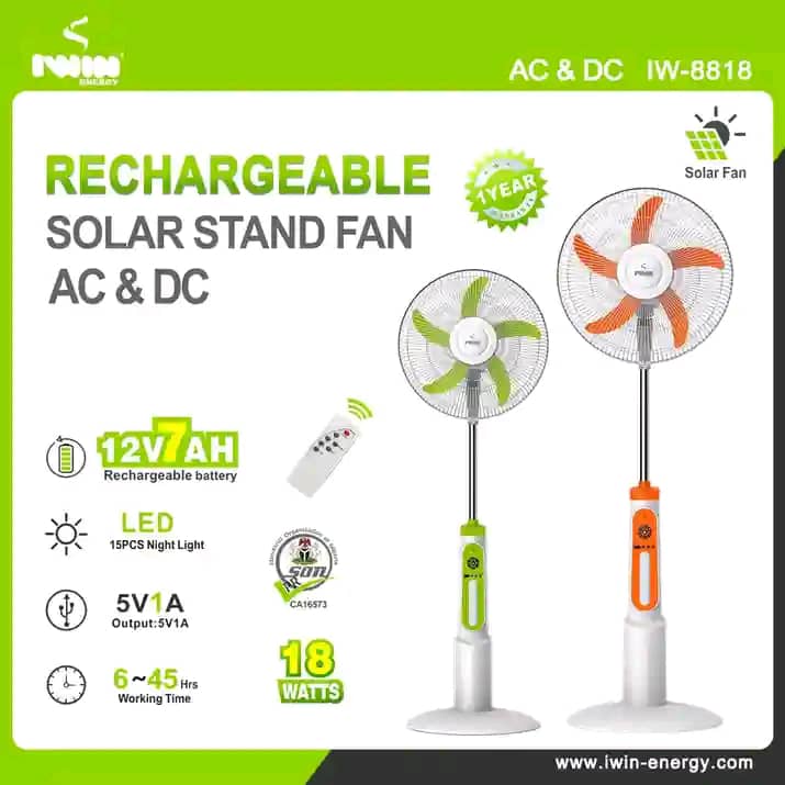 Iwin ENERGY 18 Inches Rechargeable Solar AC&DC Standing Fan