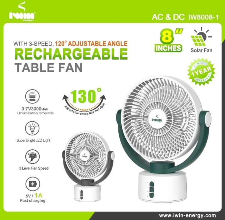 Iwin 8 Inches Rechargeable Rotating Fan With LED Light