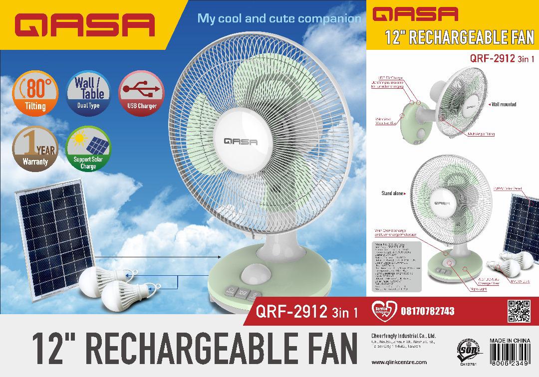 Qasa 3-in-1 12 Inches Rechargeable Table Fan With Solar And Bulbs