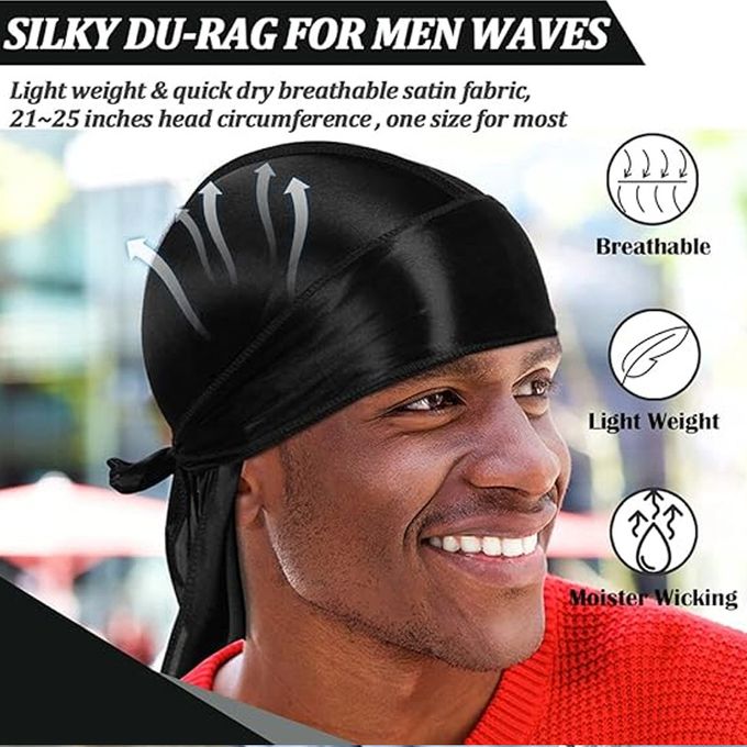 ARHANORY Men Silky Durag Waves Headwraps Stretchy Wave Drag - Black