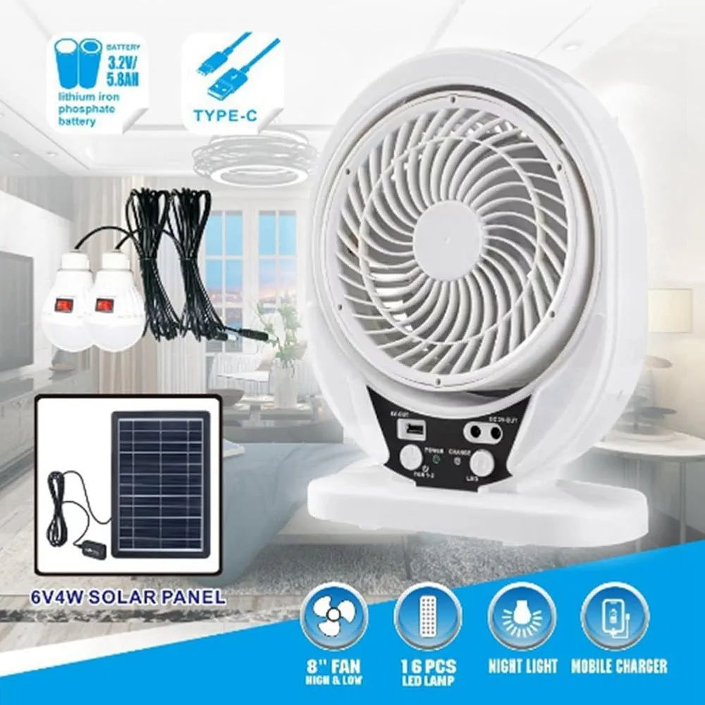 4 in 1 Solar Powered Rechargeable Solar Fan with Solar Panel and LED Bulb for Outdoor LED Camping Lights