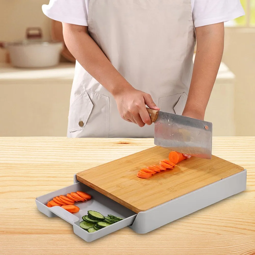 Multifunctional Wooden Cutting Board with Sliding Tray, Detachable Home Kitchen Chopping Board