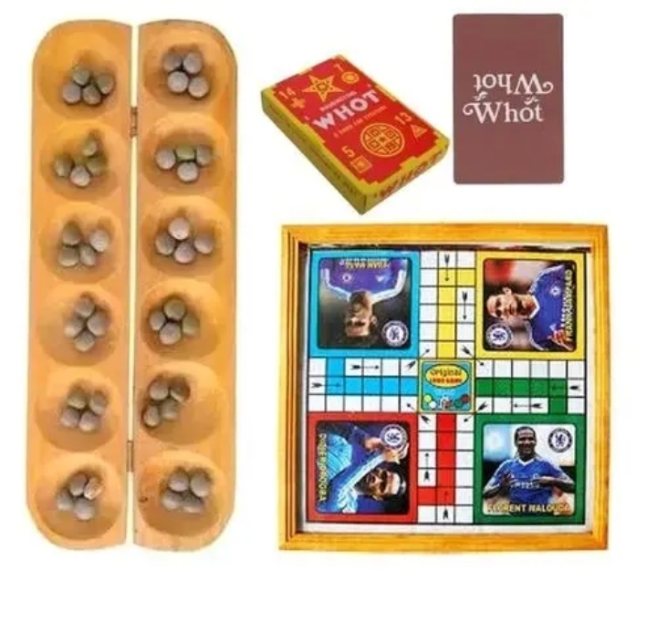 3-in-1 game set featuring Ludo, Ayo, and Whot