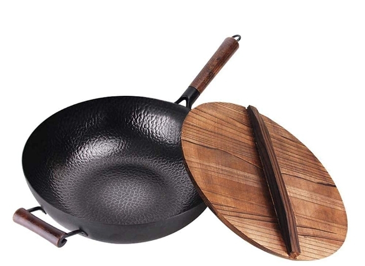 Original Carbon Steel Wok Pan With Wooden LidIron Wok Induction Hob Pans Induction Cooking Set Cast Scook Ware Non Stick Frying Pans Wok
