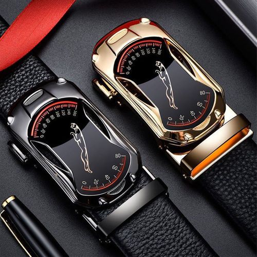 2 Pieces Leather Automatic Buckle Belt - Black And Golden