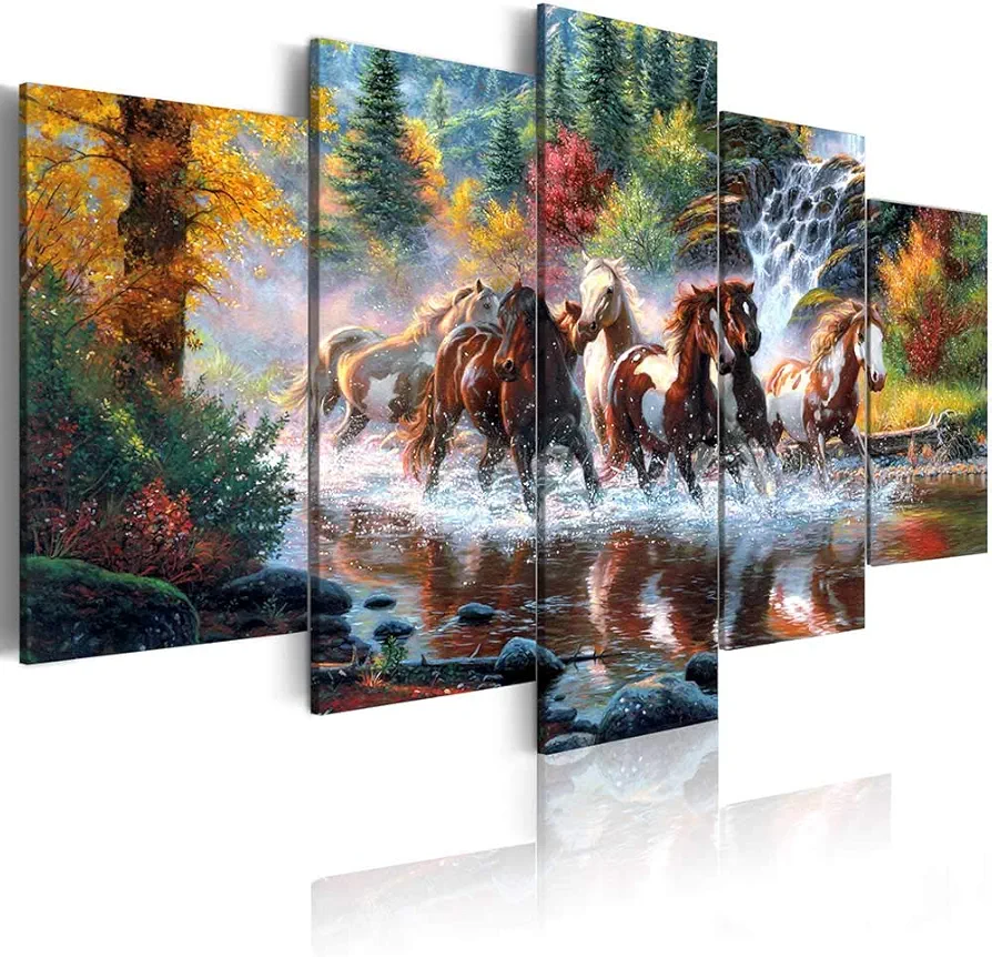 ArtHome520 Golden Landscape Home Decor Canvas Print Painting Colorful Animal Horse Picture Wall Art Contemporary Framed Ready To Hang 5 Panel