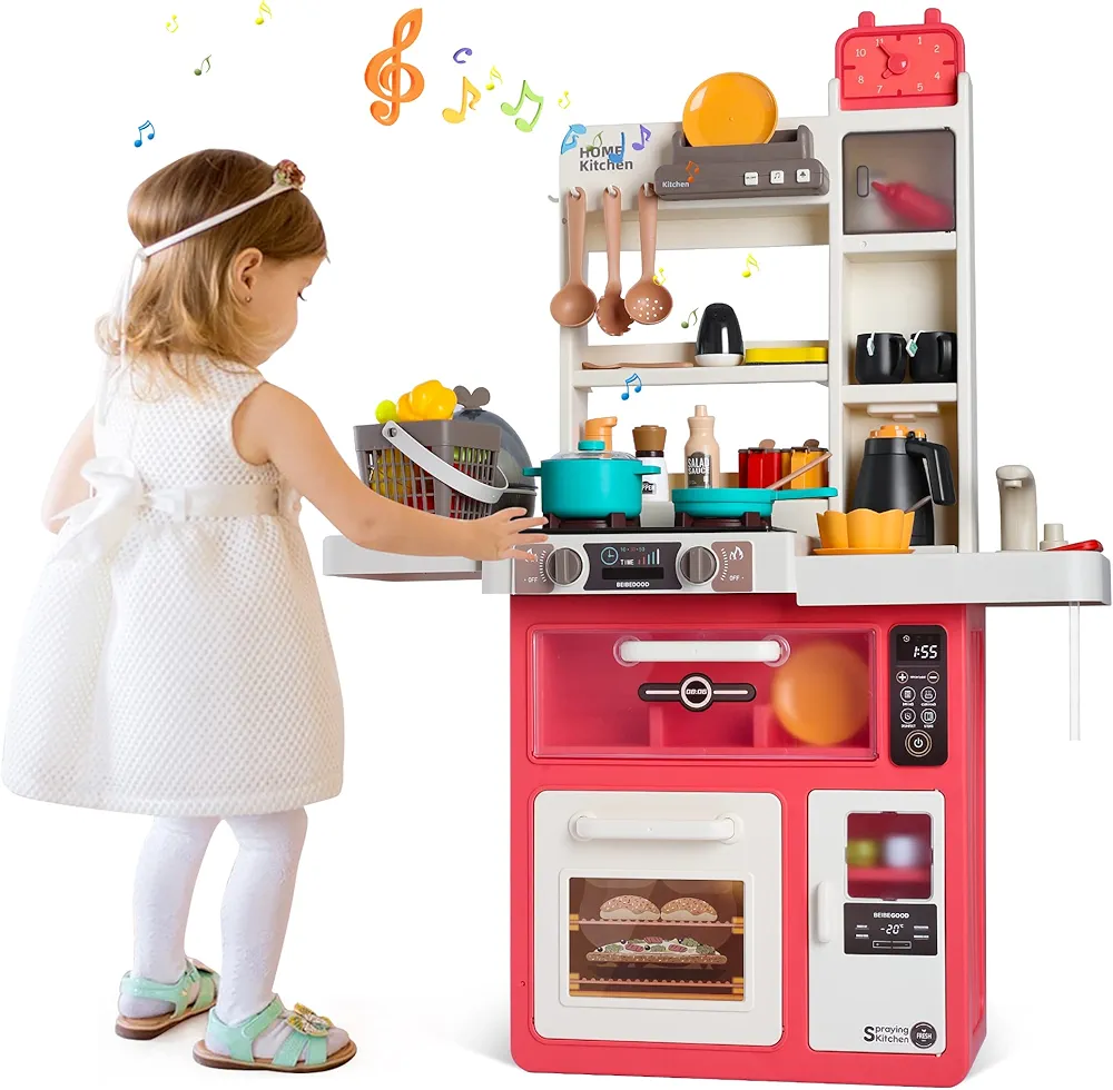 63PCS Kids Kitchen Playset,Play Kitchen Toy with Realistic Lights & Sounds,Pretend Steam,Play Sink & Oven,Color Changing Play Food,Menu Board & Other Kitchen Accessories Set for Toddlers