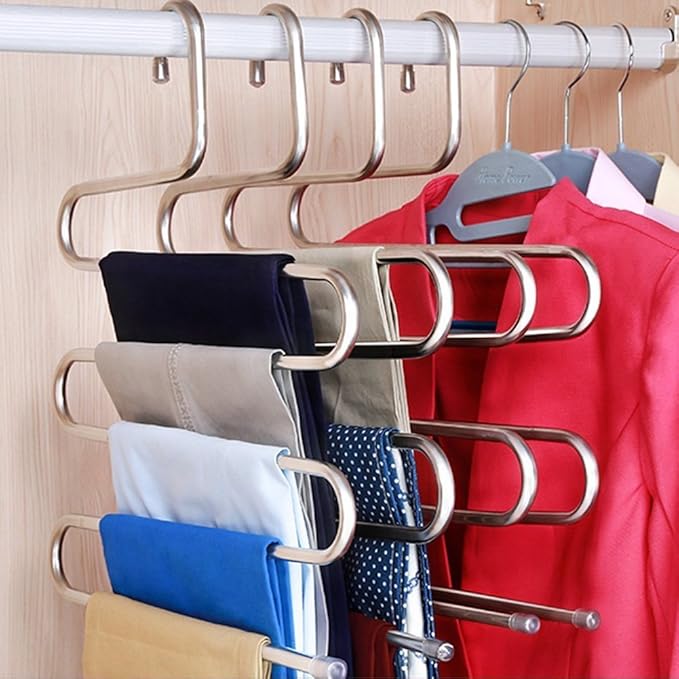 5 Layers Multi-Functional Stainless Steel Clothes Pants Hangers Closet Storage Organizer for Pants Jeans Scarf Hanging 