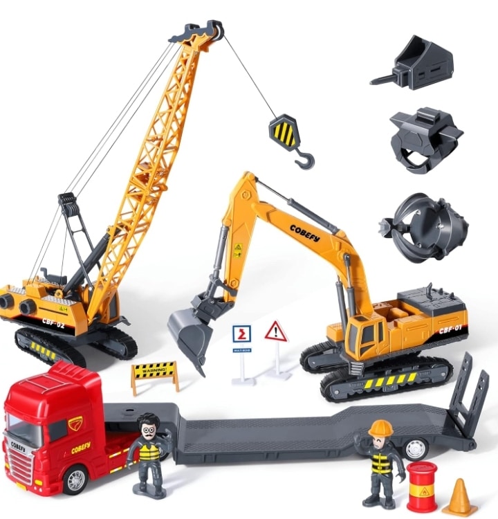 Construction Trucks Toy Vehicles Playset for Boys, Kids Construction Toys Included Semi Flatbed Trailer, Crane, Excavator & Accessories, Gift for Ages 3 and Up Toddlers Children Birthday Party Present
