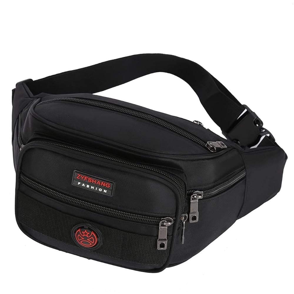 Fanny Pack for Women,Black Leather Fanny Packs for Men Waist Pack Bag with Multiple Pockets for Travel Hiking Cycling Running, Black, Large, Black Polyester