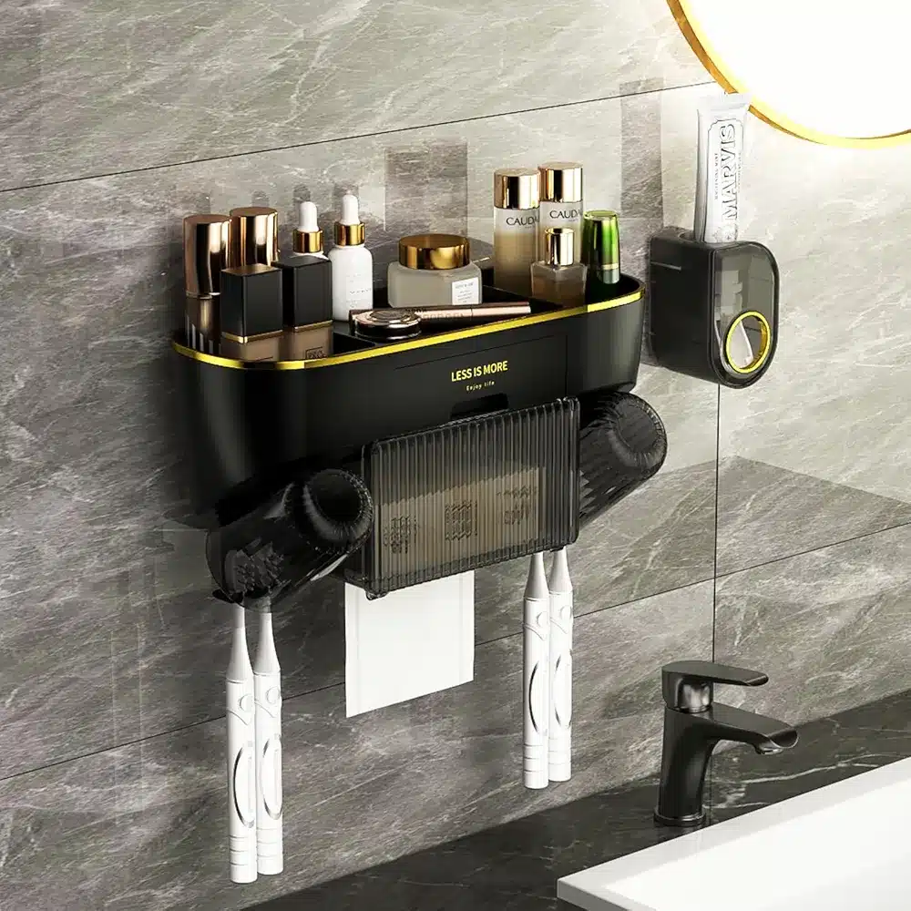 VAODO Toothbrush Holder, with Automatic Toothpaste Dispenser, Multifunctional Wall-Mounted Bathroom Storage Racks, 4 Toothbrush Holders, 2 Cups, Bathroom Drawer, Tissue Storage Racks