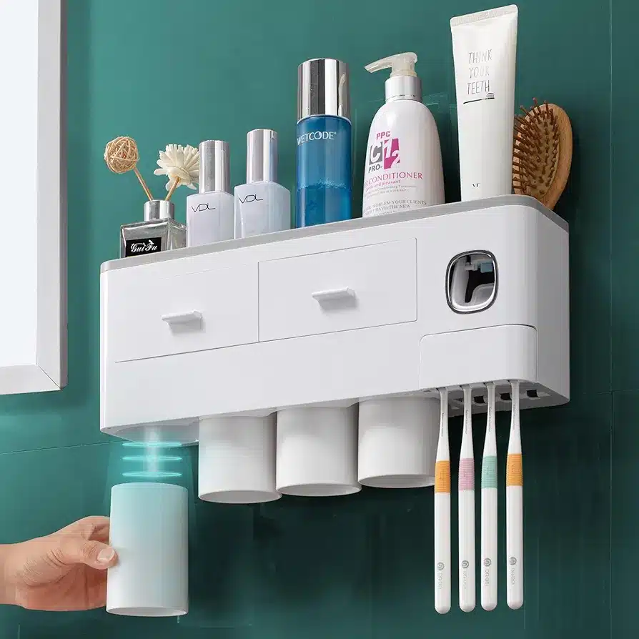 Toothbrush Holder Wall Rack Cups With Toothpaste Dispenser