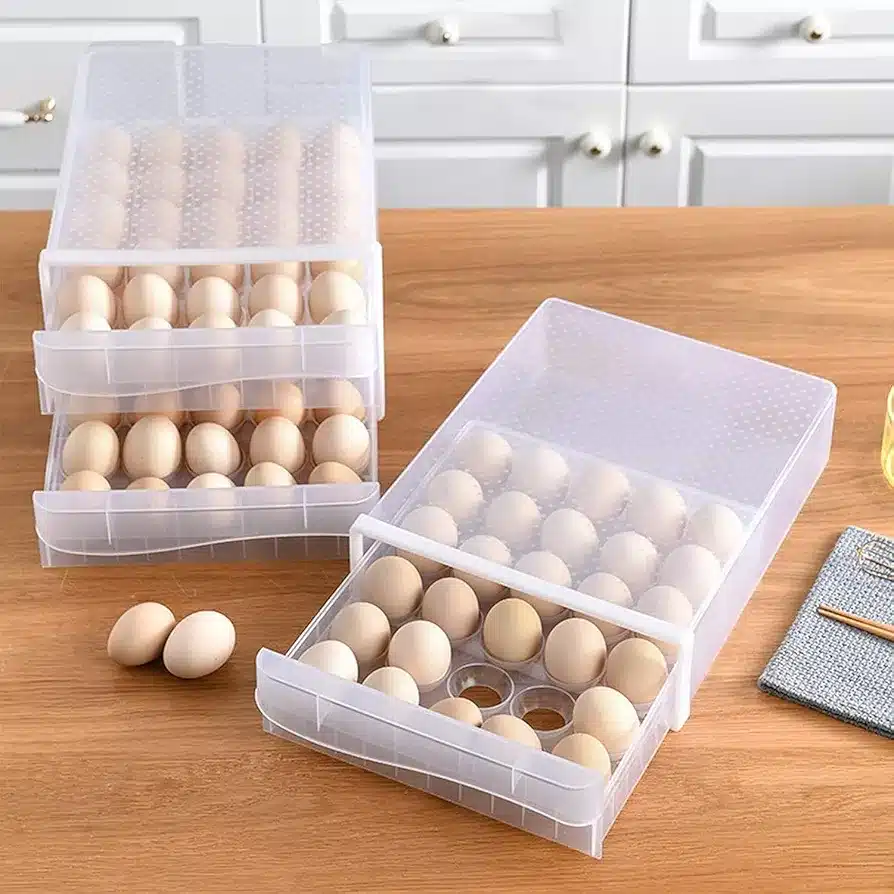 Convenient egg storage trays with 2 mesh drawers to organize and store up to 60 eggs️ High-quality design ensures durability and durability for long-lasting use.️ Perfect for organizing the egg storage in the kitchen and refrigerator tidy and effectively