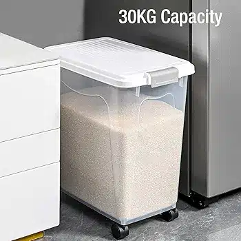 Rice Storage Container, 30KG Capacity Large Food Storage Container, Kitchen or Restaurant Airtight Rice Container with Lid, Transparent PP Pantry Canister for Cereal, Flour, Snacks