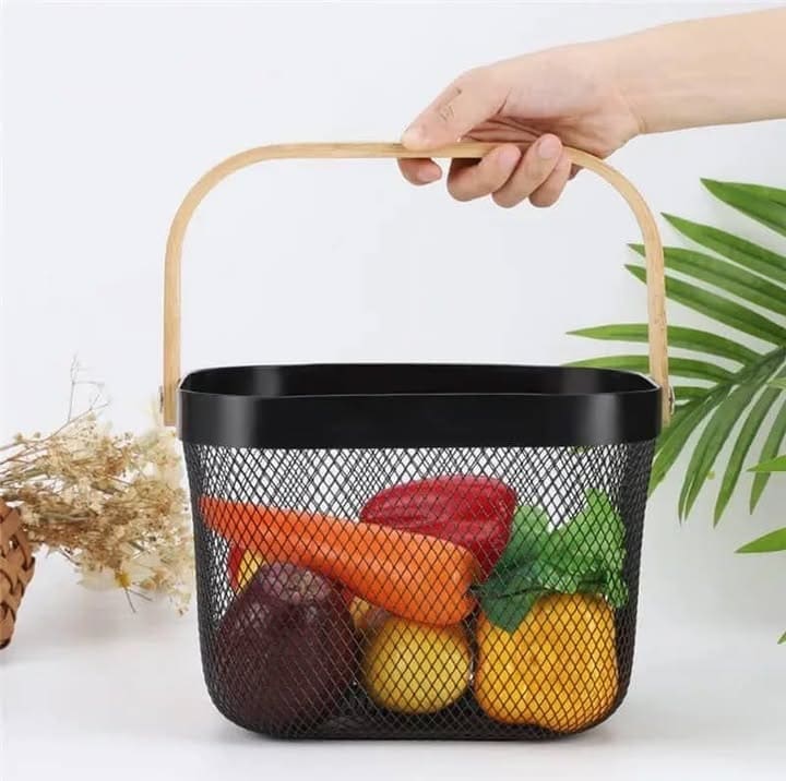 Storage basket with wooden handle
