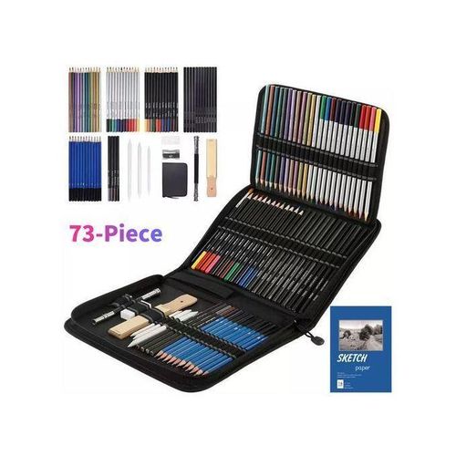 73pcs professional drawing kit, greatly meeting your different using needs. Comfortable grip, easy to color, giving you a smooth painting experience.Includes 12 x Metallic Colored Pencil, 12 x Watercolor Pencils, 12 x Colored Pencil, 12 x Charcoal Pencil(Softx4/Mediumx4/Hardx4), 12 x Sketch Pencil(2H/3H/4H/5H/HB/B/2B/3B/4B/5B/6B/8B), 4 x Pastel Pencil, 3 x Paper Blending Stumps, 1 x Board, 1 x Eraser, 1 x Double Head Pencil Extender, 1 x Pencil , 1 x Brush, 1 x Sketch Paper.Ideal for drawing, sketching, doodling, painting and calligraphy. Ergonomic design, it can be painted for a long time without tiredness.Equipped with a storage bag, which can protect each painting tool, easy to carry and store.Suitable for children, beginners, school student, office worker, artists, art enthusiasts, etc.