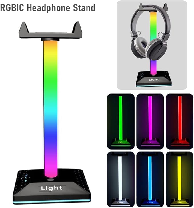 Eacam RGB Headphone Stand Earphone Stand Light with 7 Light Modes Detachable Headphone Holder for Desk Gaming Headset Holder with Dual USB Ports